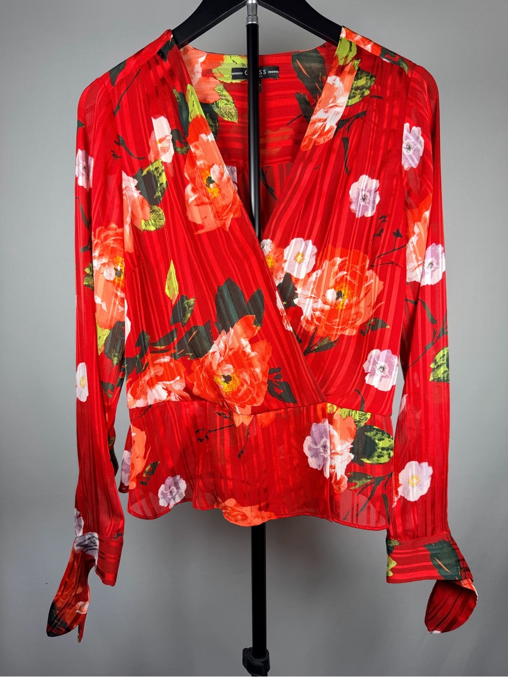 Guess Red Floral Wrap Blouse with Green and Pink Accents